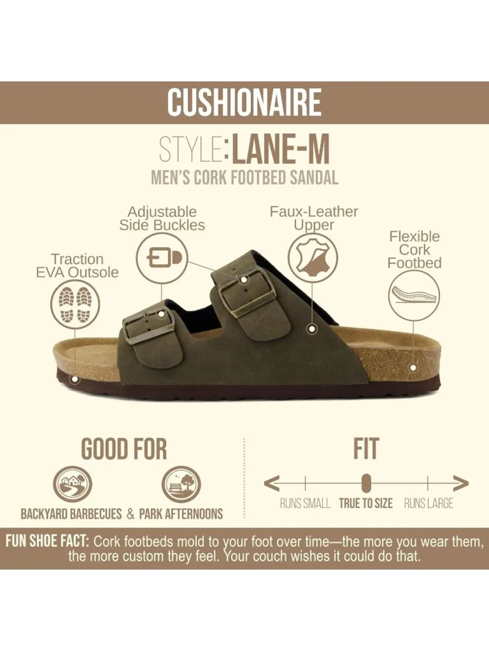 Men's Olive Lane Cork Footbed Sandals Adjustable Buckle Comfort Slides